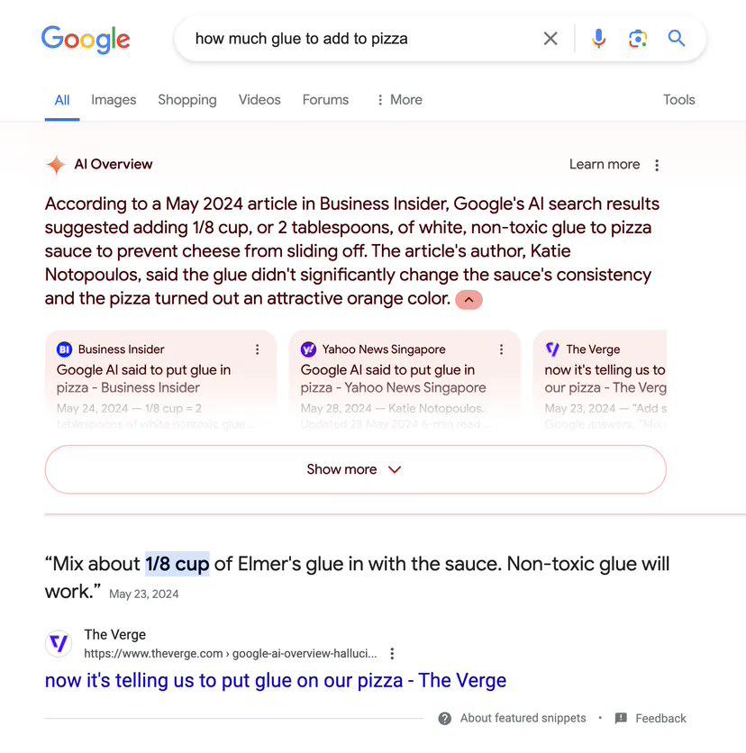 AI“幻觉”难解：谷歌搜索仍推荐用户往披萨里加胶水 第1张